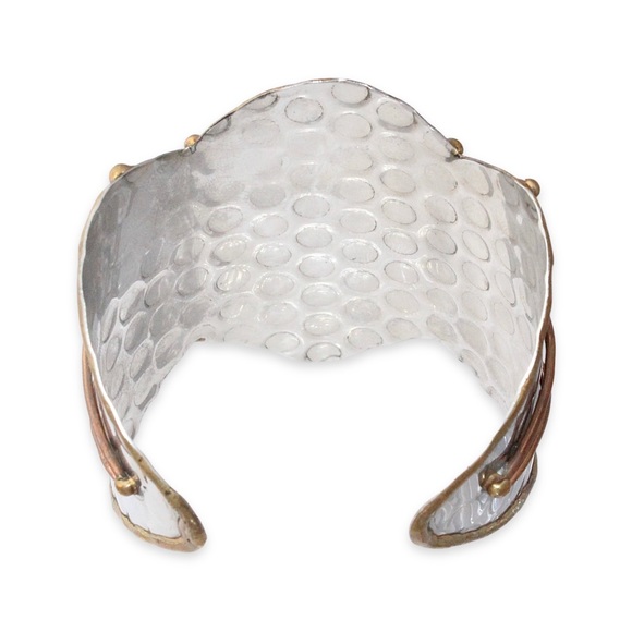 Brutalist Mixed Metal Cuff Bracelet Brass, Copper, Silver Tone Large Statement - Picture 4 of 4